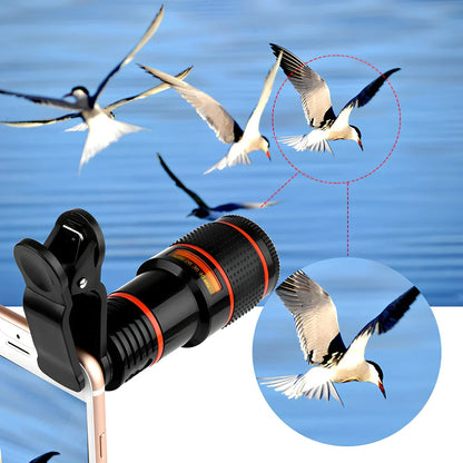 Clip-on 12x zoom telescope lens attached to Galaxy S7 phone, showing retractable design and universal clip, 80x30mm size