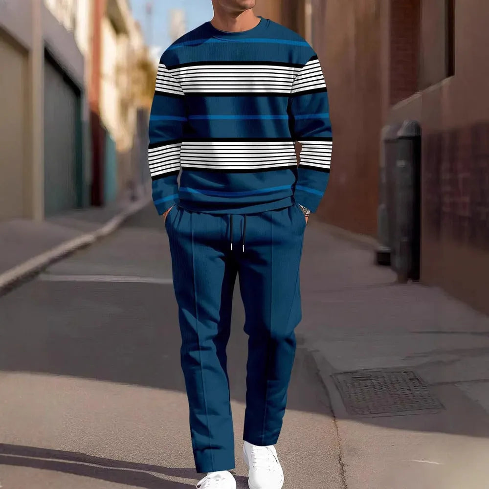 Men's casual sporty round neck sweatshirt and pants two-piece set in polyester blend, no hood, spring autumn wear