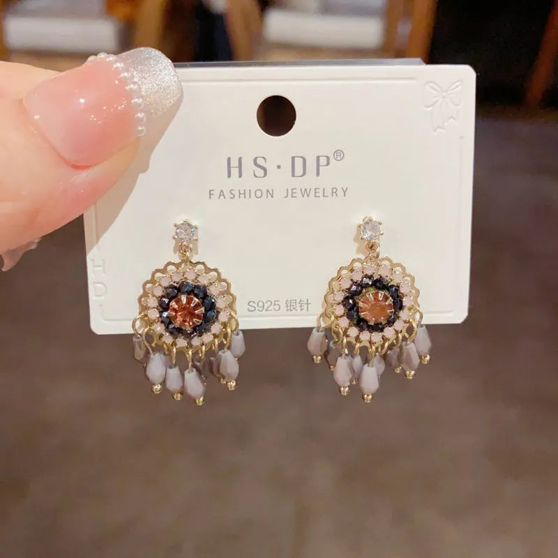 Purple and blue diamond embedded round crystal tassel earrings with thick gold plating