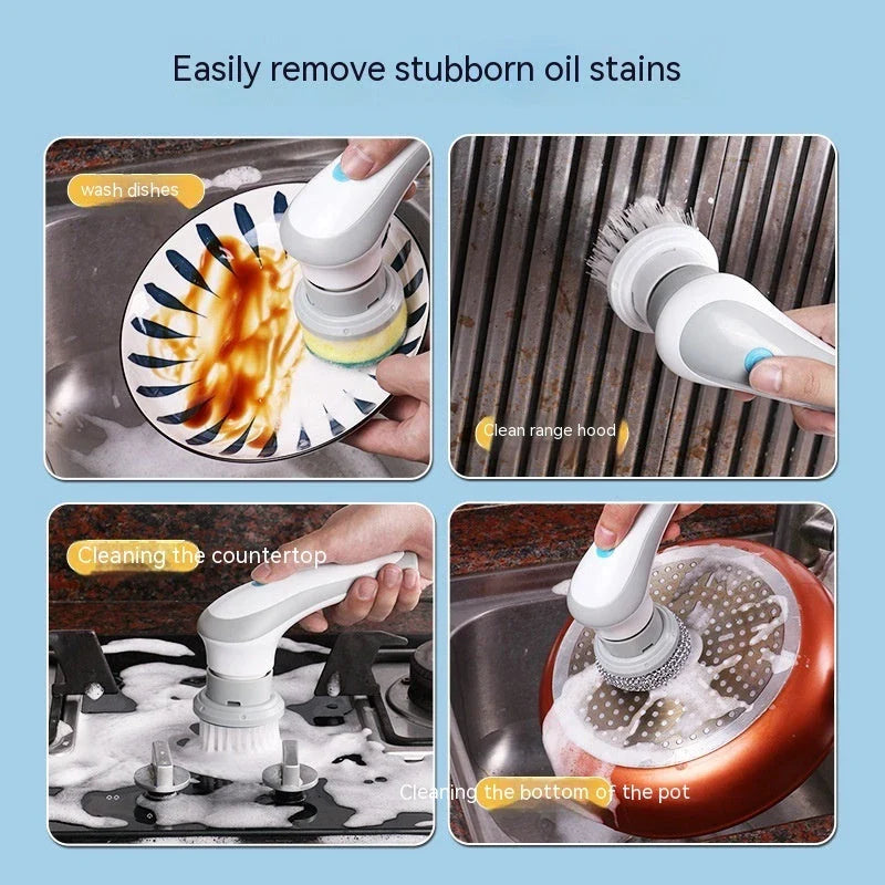 Rechargeable Electric Spin Scrub Brush with 4 interchangeable brush heads for efficient cleaning of tiles, porcelain, stainless steel, and more