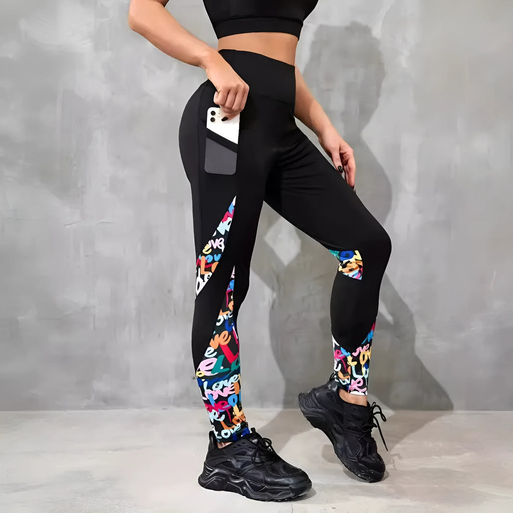 Women's high-waist colour contrast patchwork leggings with side pocket for fitness and yoga wear