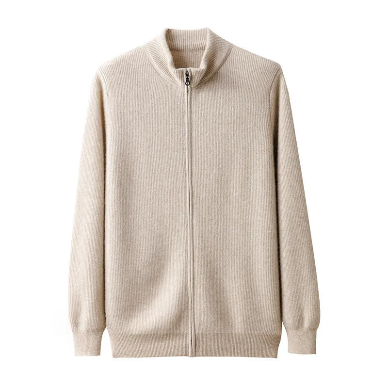 Men's cashmere zippered round neck cardigan sweater in camel colour, long sleeves, front zip closure