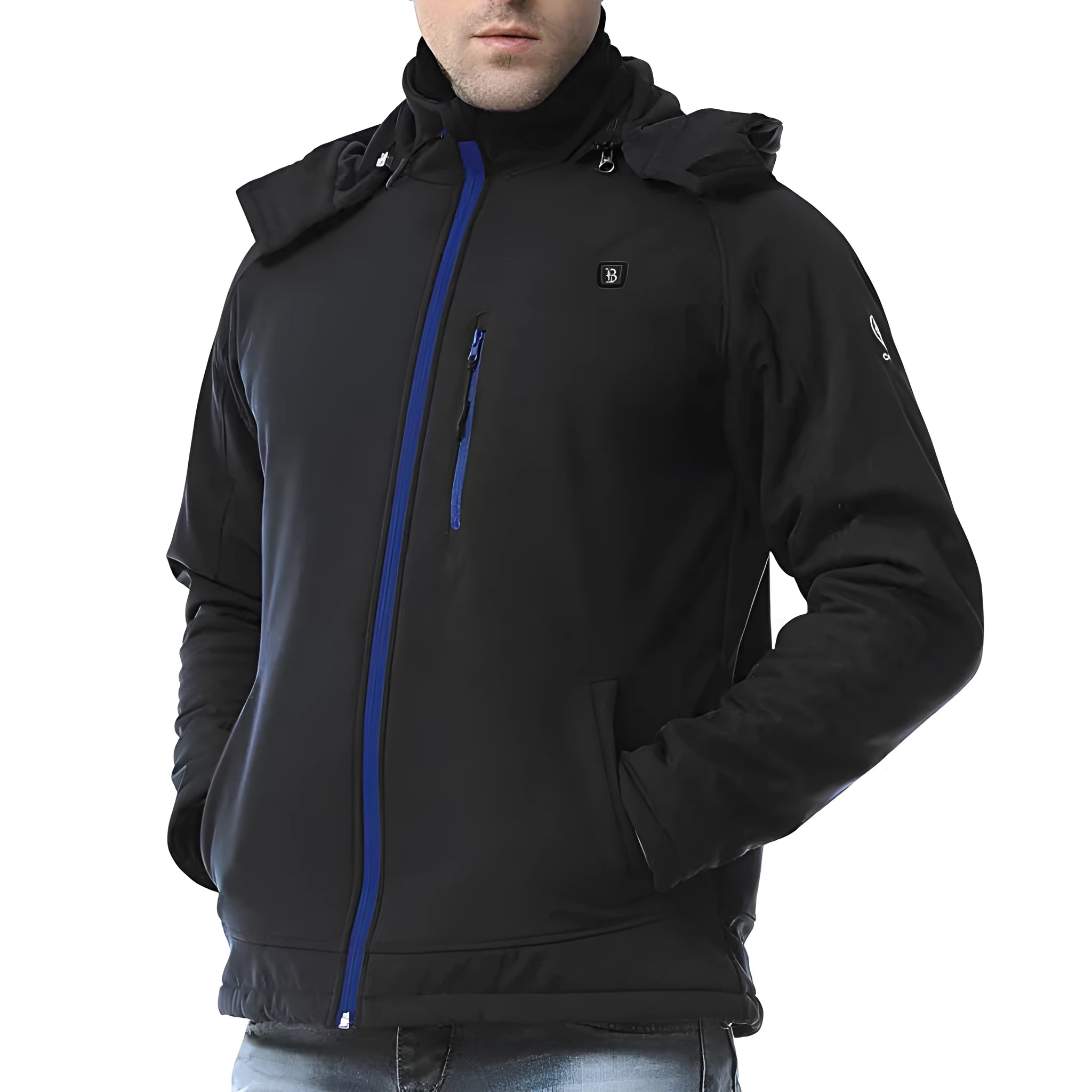 Black men's USB heated winter coat with long sleeves, straight hem, and zipper pockets.