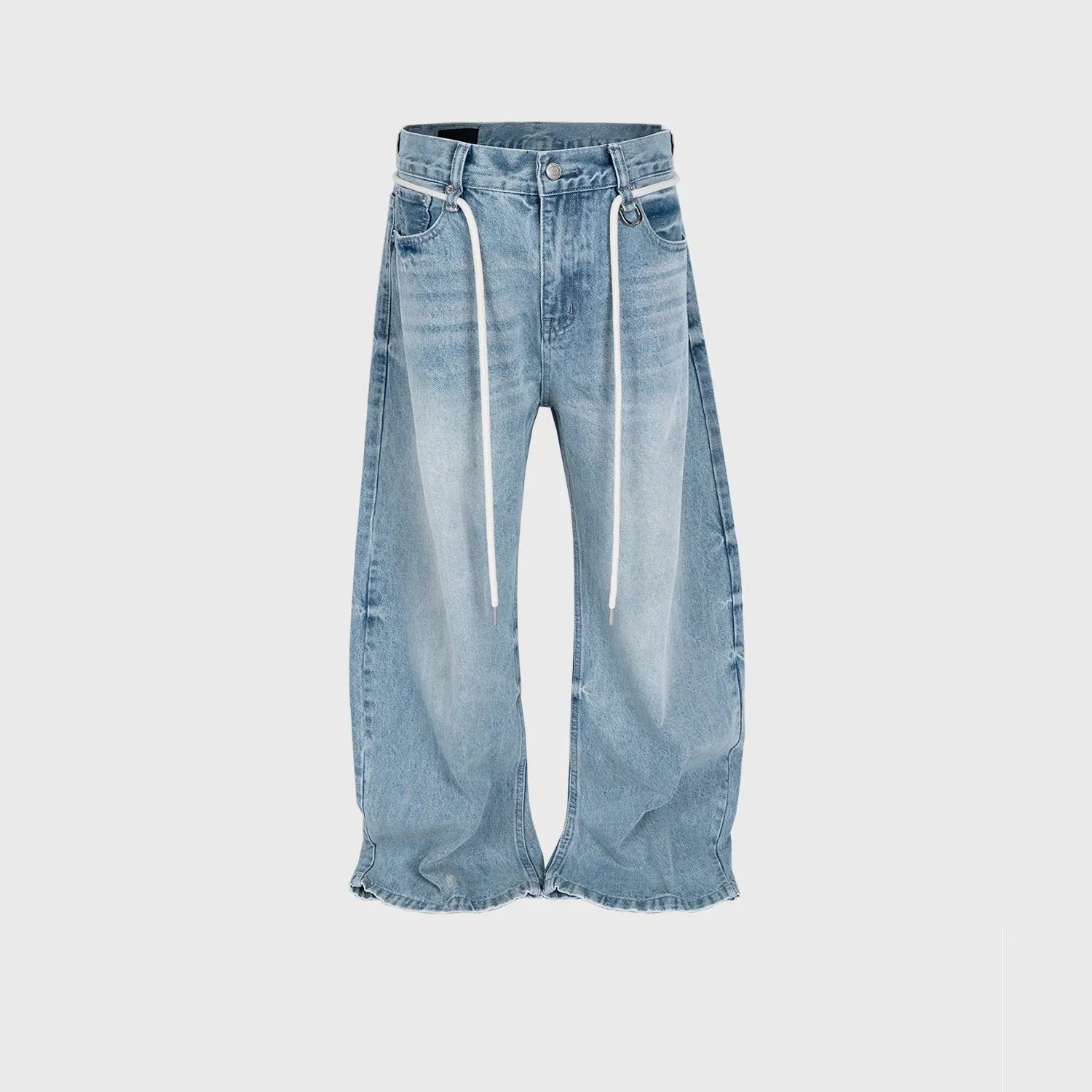 Blue vintage washed denim straight-leg trousers with drawstring belt and zipper fly closure
