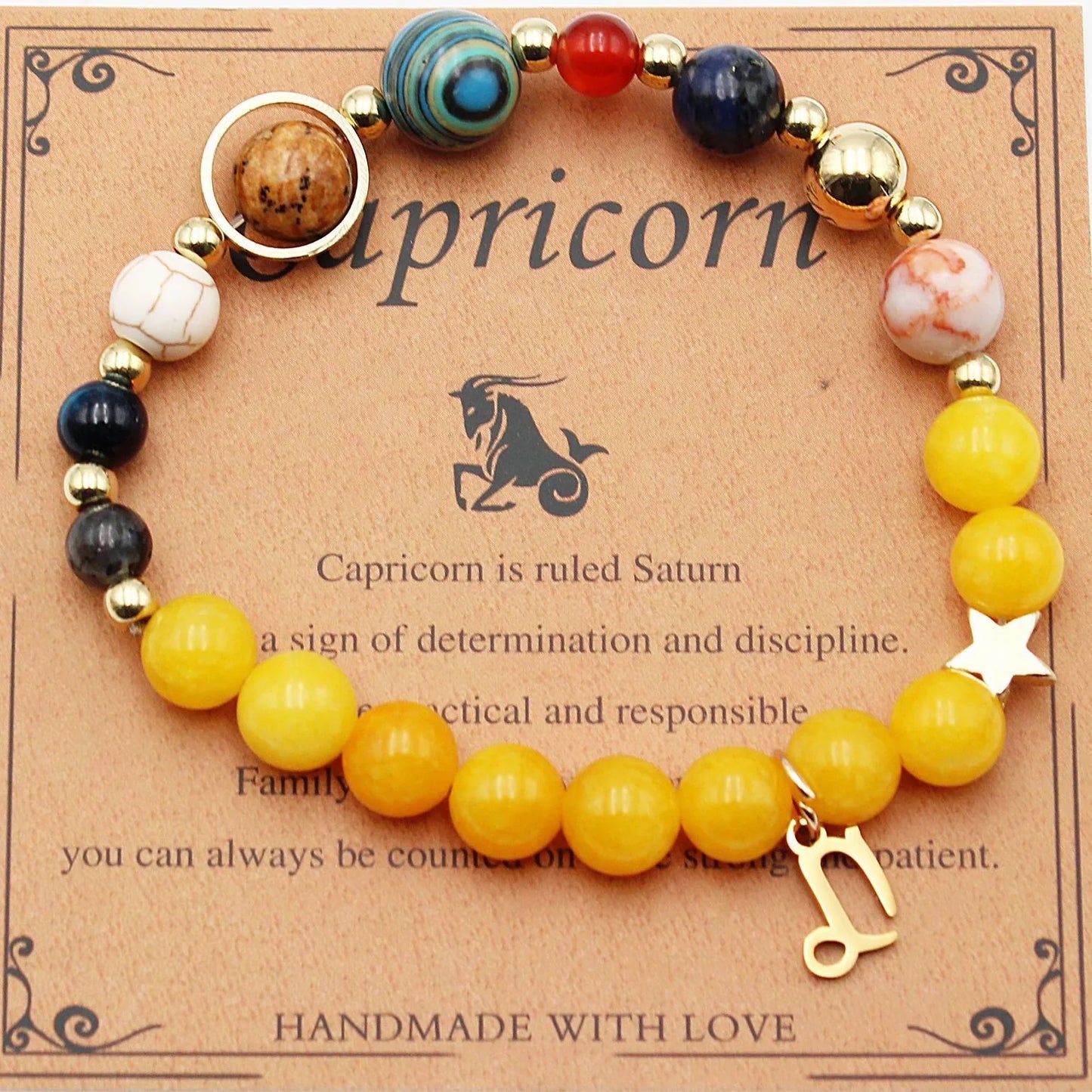 Morgan Stone beaded bracelet with twelve constellation designs, showcasing personalised zodiac signs.