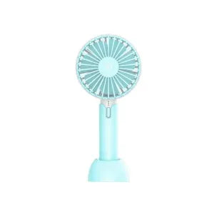 Blue handheld and desktop mini USB electric fan with three speed settings.