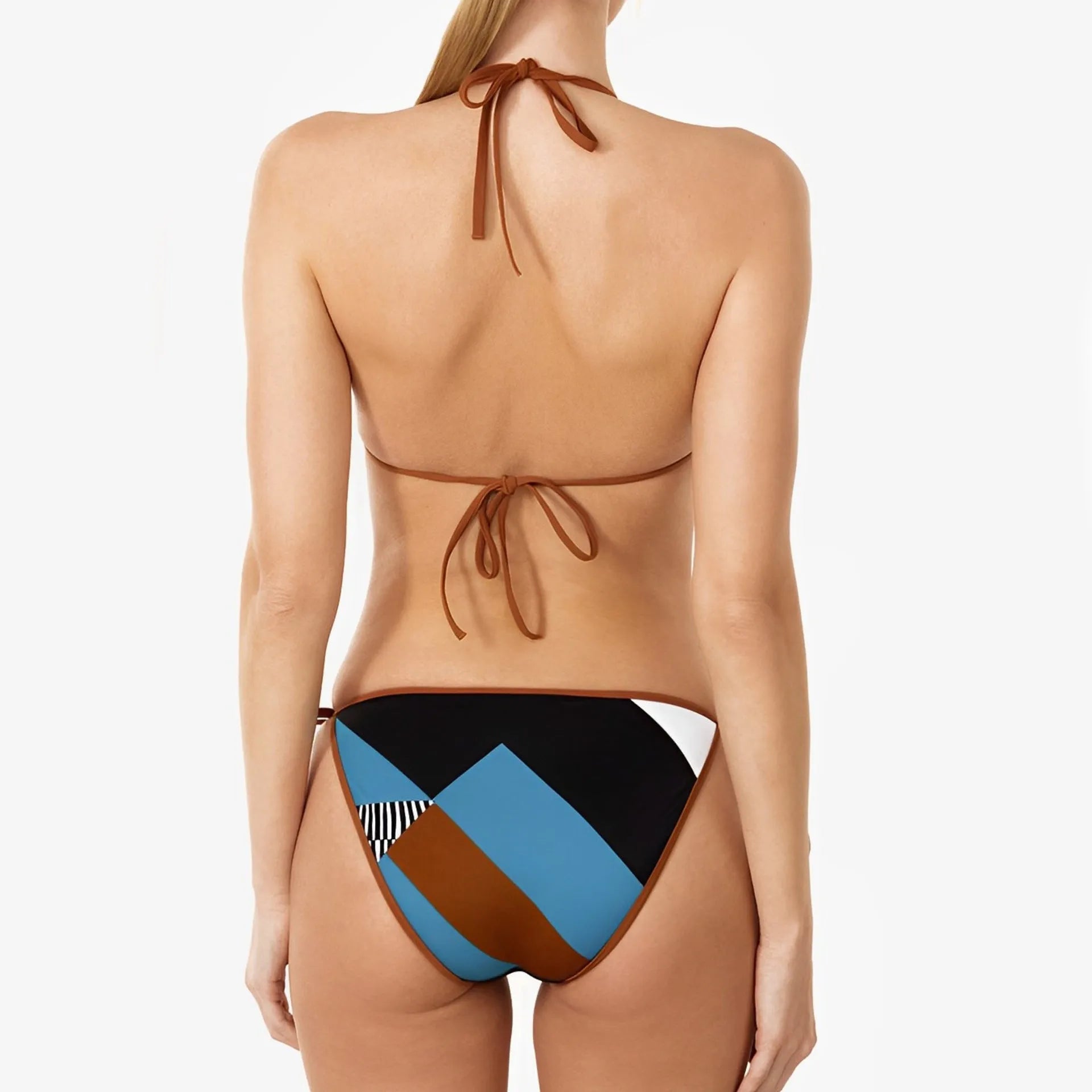 A women's skinny print split bikini swimsuit in a backless, sleeveless design.
