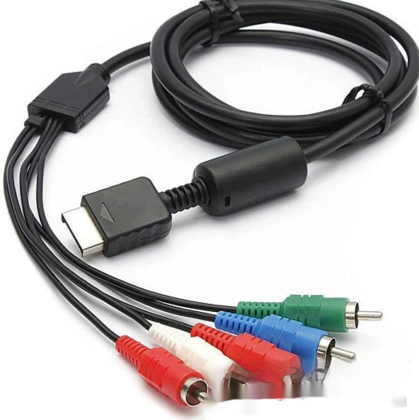 Black PlayStation component cable with nickel-plated connectors measuring 1.8m long