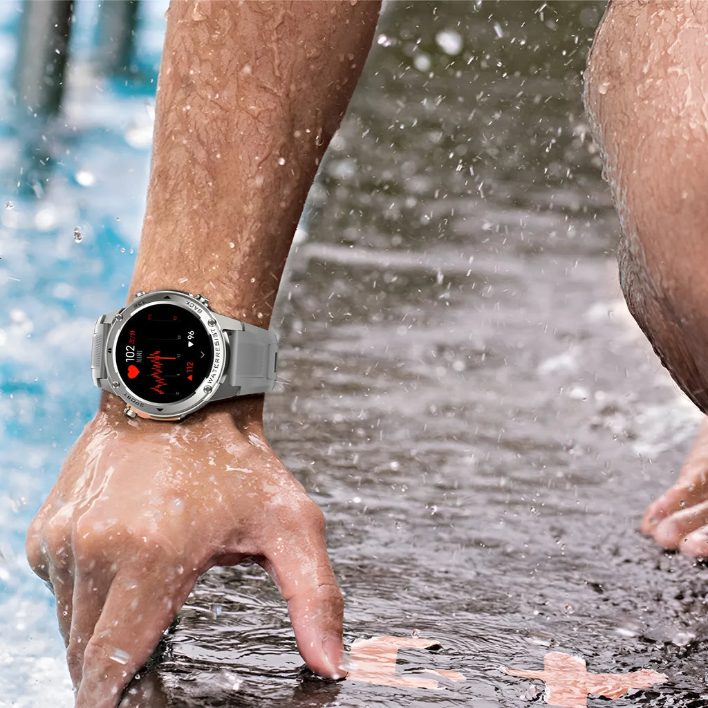 Black smart watch with AMOLED screen showing outdoor compass and heart rate data on wrist