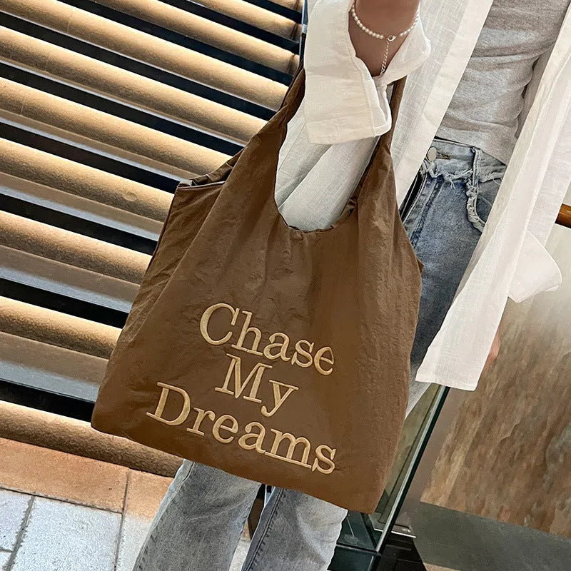 Korean-style 3D letter shoulder bag with minimalist embroidery in horizontal rectangle shape, nylon material, double straps, army green colour