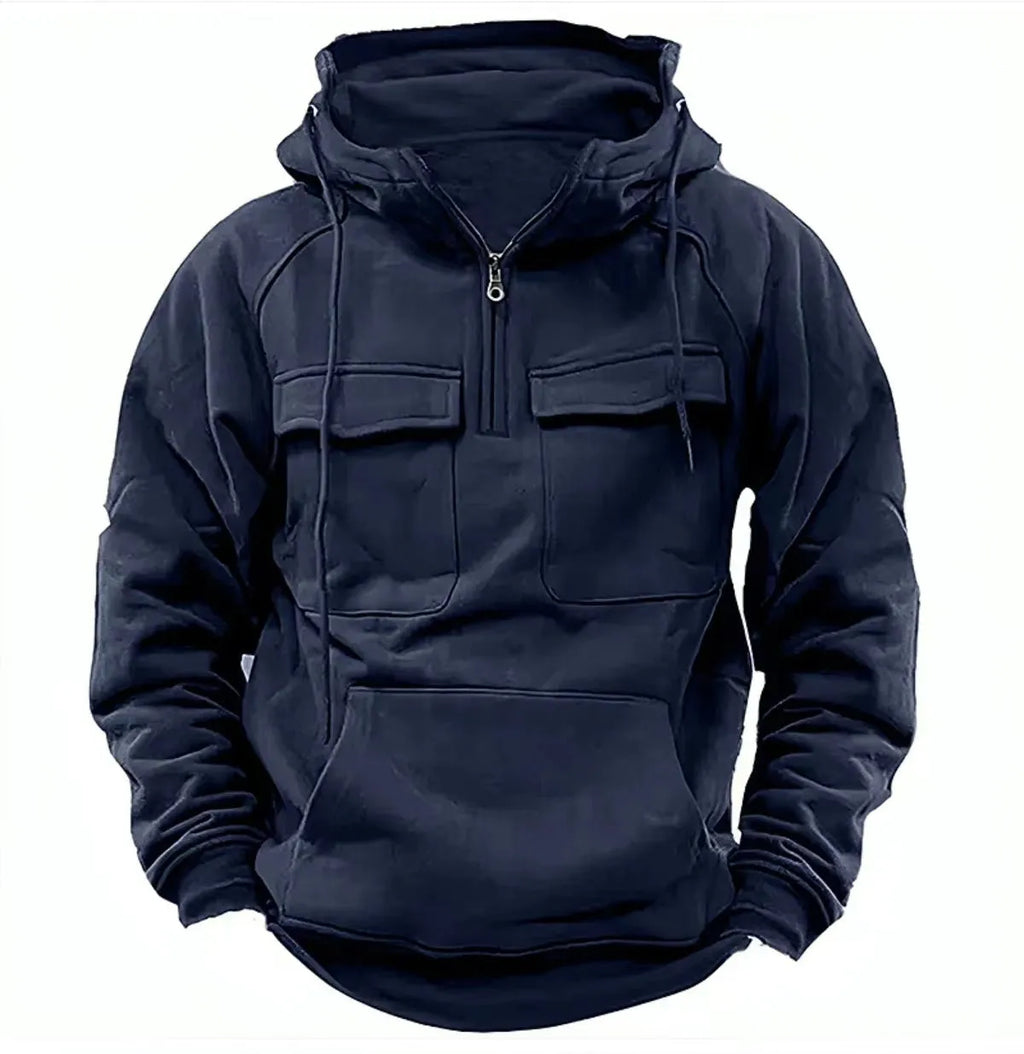 Men's zip-up hoodie sweatshirt with drawstring hood and side pockets in black