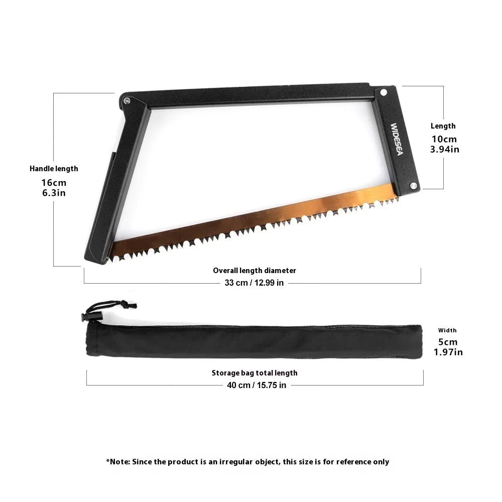 Black outdoor foldable saw with aluminium and nylon handle shown in open cutting position