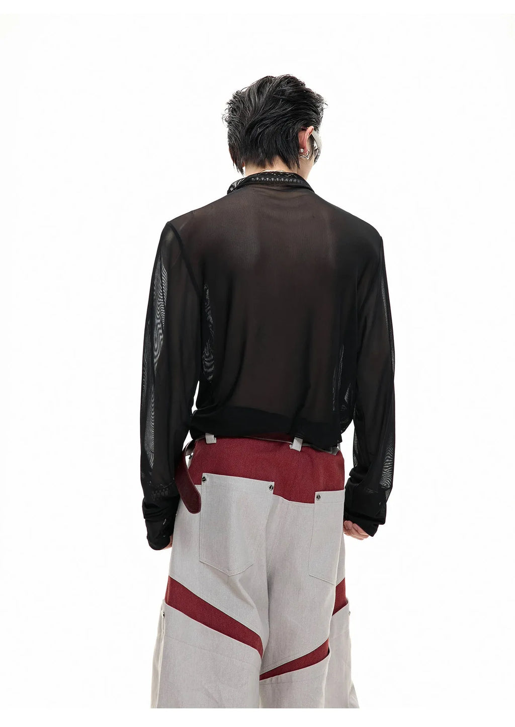 Men's black mesh bottoming shirt with long sleeves and slim fit design