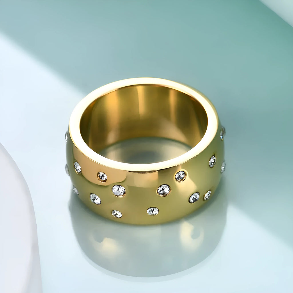 Women's geometric titanium steel couple ring with diamond treatment in black, gold, rose gold, or steel colour.