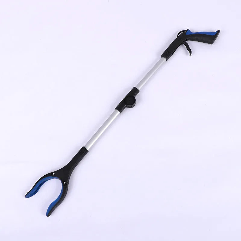 Foldable aluminium rubbish grabber with magnet, shown extended and in blue, orange, and yellow handle colours.