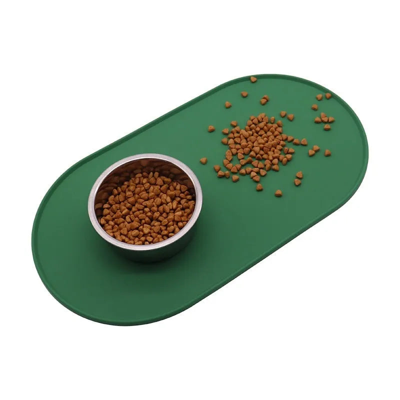 Silicone waterproof placemat for cat bowls in green, beige, black, or purple colour.
