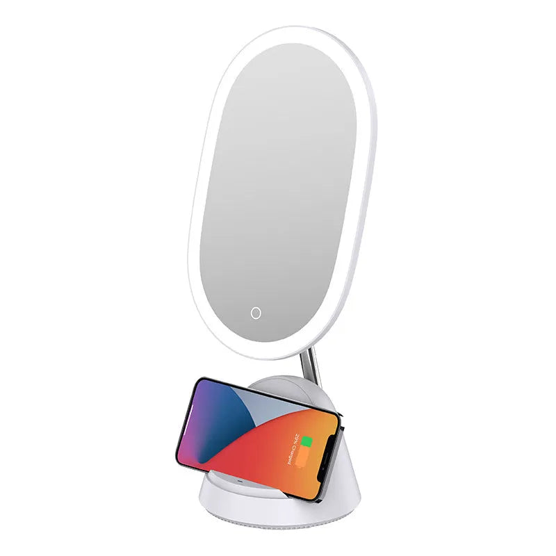 White and black desktop makeup mirror lamp on a table, showing mirror and light.
