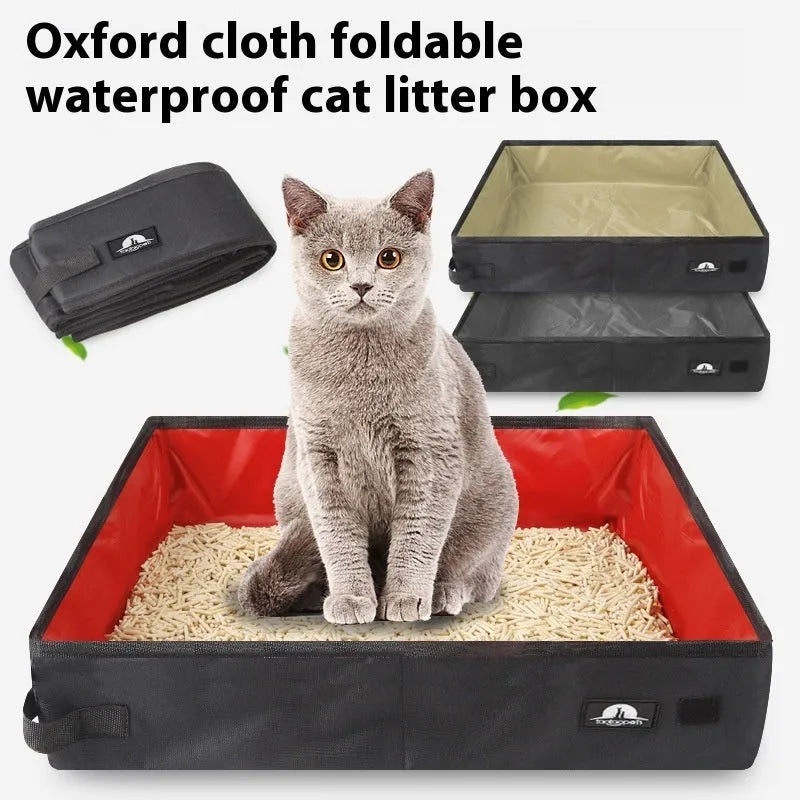 Portable foldable litter box in black Oxford cloth for cats, flat design with open top.