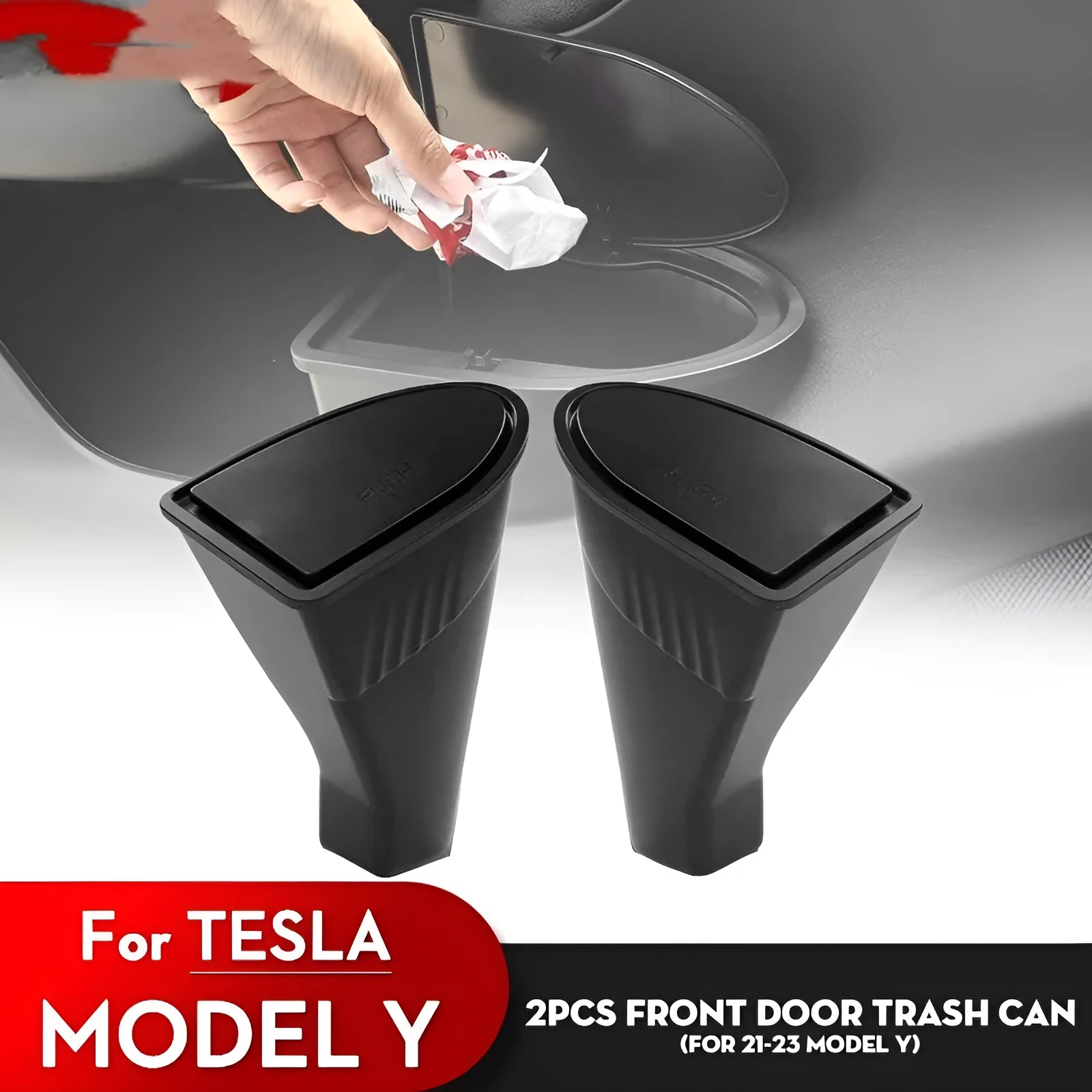 Two black ABS plastic car door trash cans for Tesla Model Y front door storage.