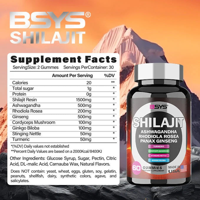 BSYS 8-in-1 Shilajit Gummies 60's bottle with natural energy boost supplement