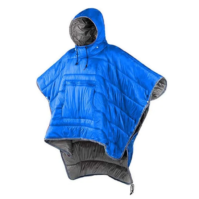 Army Green outdoor cloak sleeping bag worn as garment showing 200x140cm dimensions