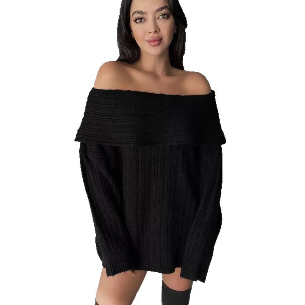 Women's loose acrylic long-sleeve pullover sweater in white, black, khaki, or red colours