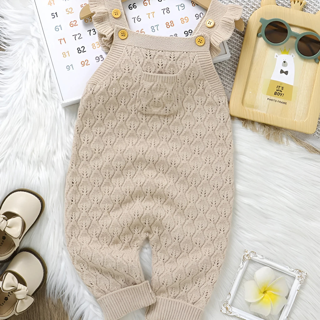 Infant solid colour flounced sleeve sling romper jumpsuit in knitted polyester double breasted design
