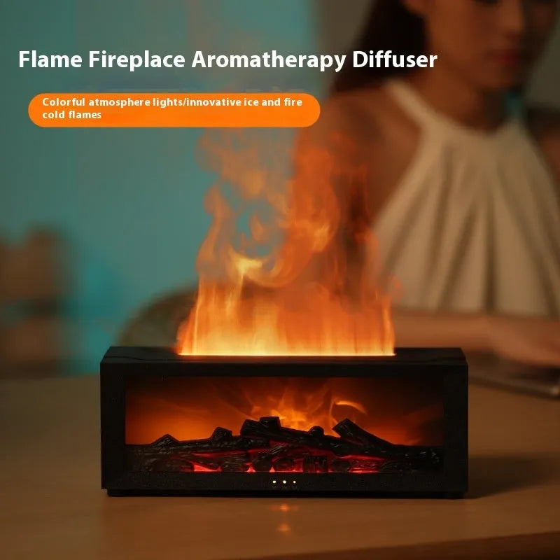 Square flame aromatherapy machine with 3D flame effect and LED lights, includes remote control