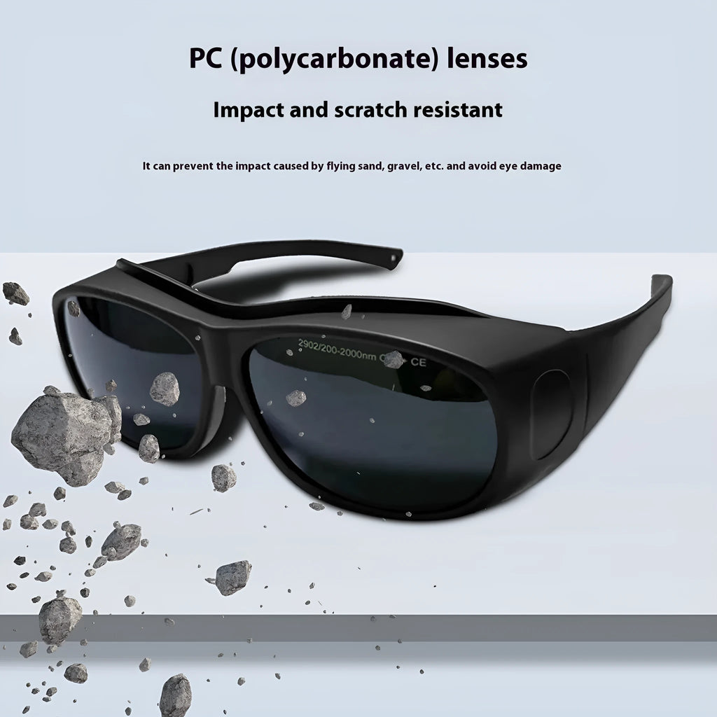 PC laser protection goggles for 200-2000nm optical radiation, includes cleaning cloth.