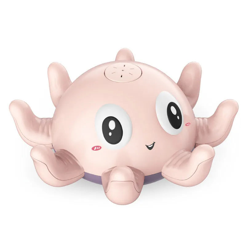 Blue or pink automatic spraying octopus bath toy with flashing lights for children's bathtub and pool play.