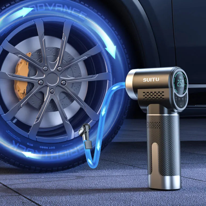 ST-5518 portable wireless air pump with LED light showing compact dimensions and included nozzle attachments