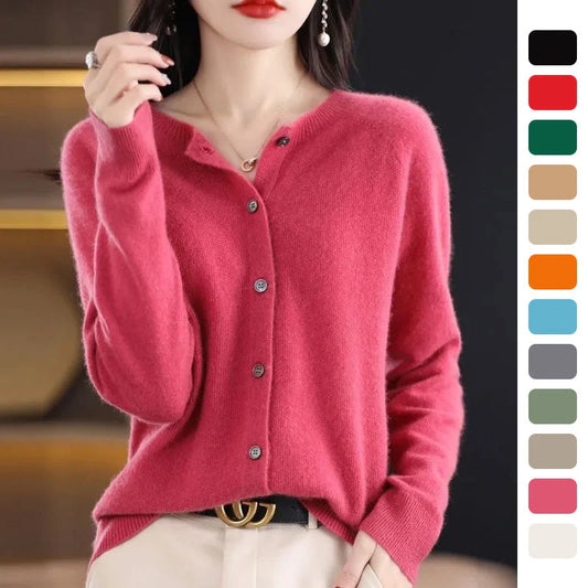 Women's merino wool cardigan in various colours, featuring an O-neck and long sleeves