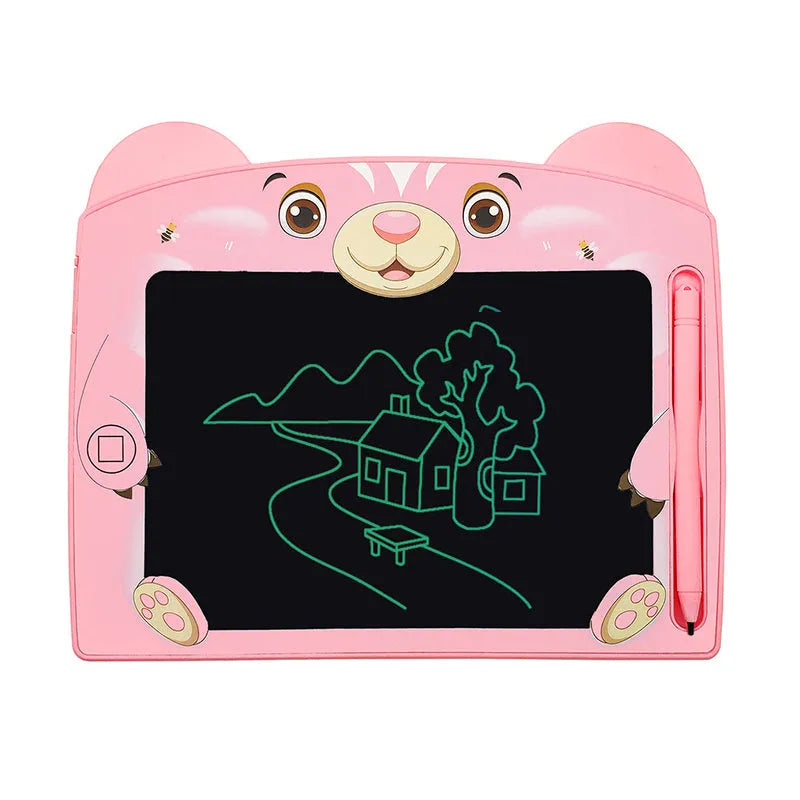 Cartoon bear children's LCD handwriting drawing board in sky blue colour on a table.
