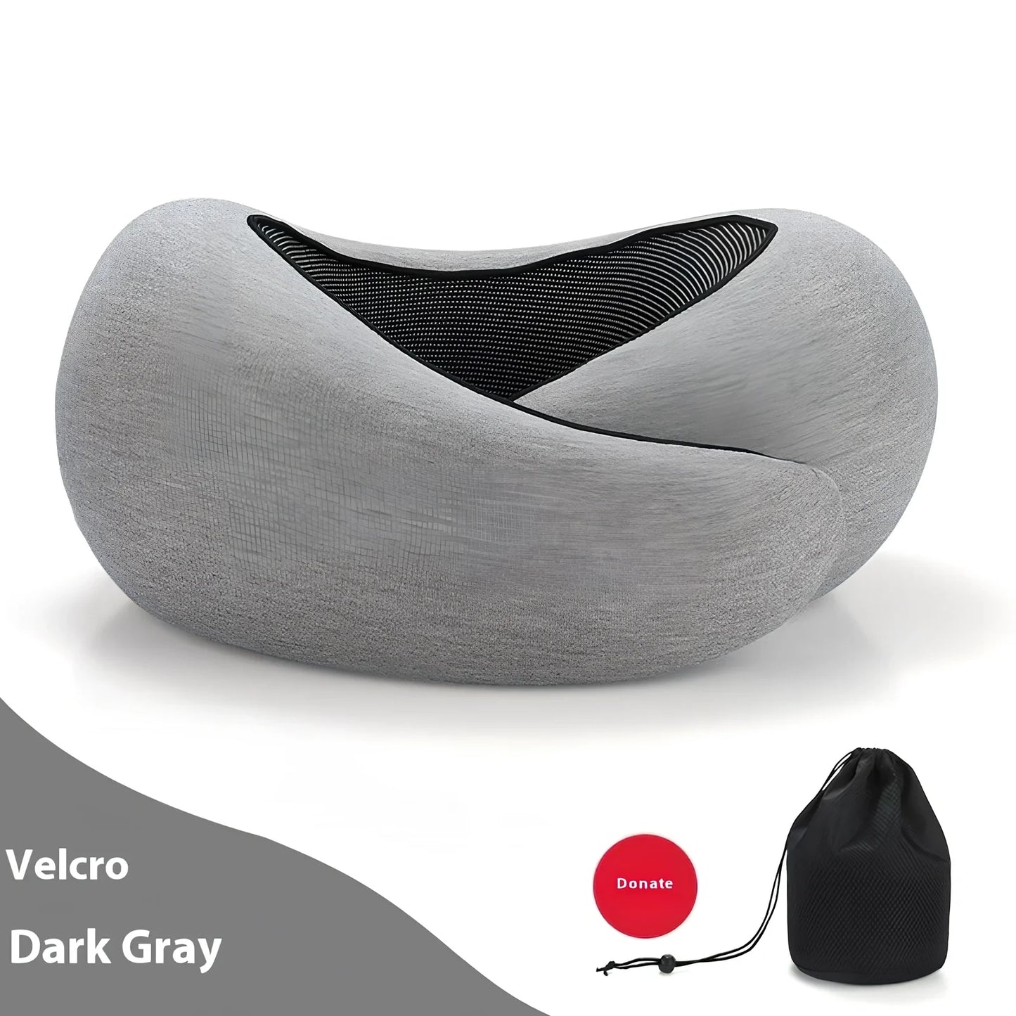 Dark gray adjustable U-shaped memory foam neck pillow with Velcro closure and storage bag, 30cm high for travel support