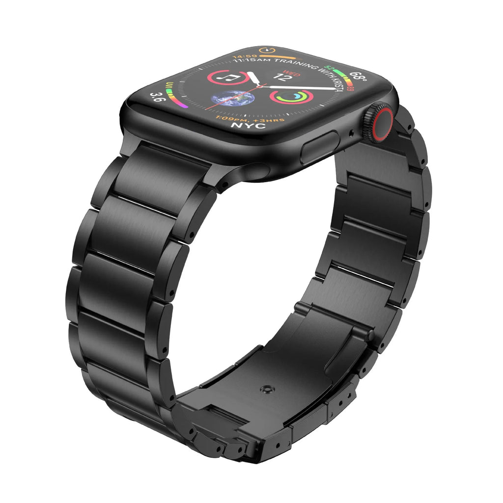 Titanium alloy Apple Watch strap with folding buckle in black and silver colours
