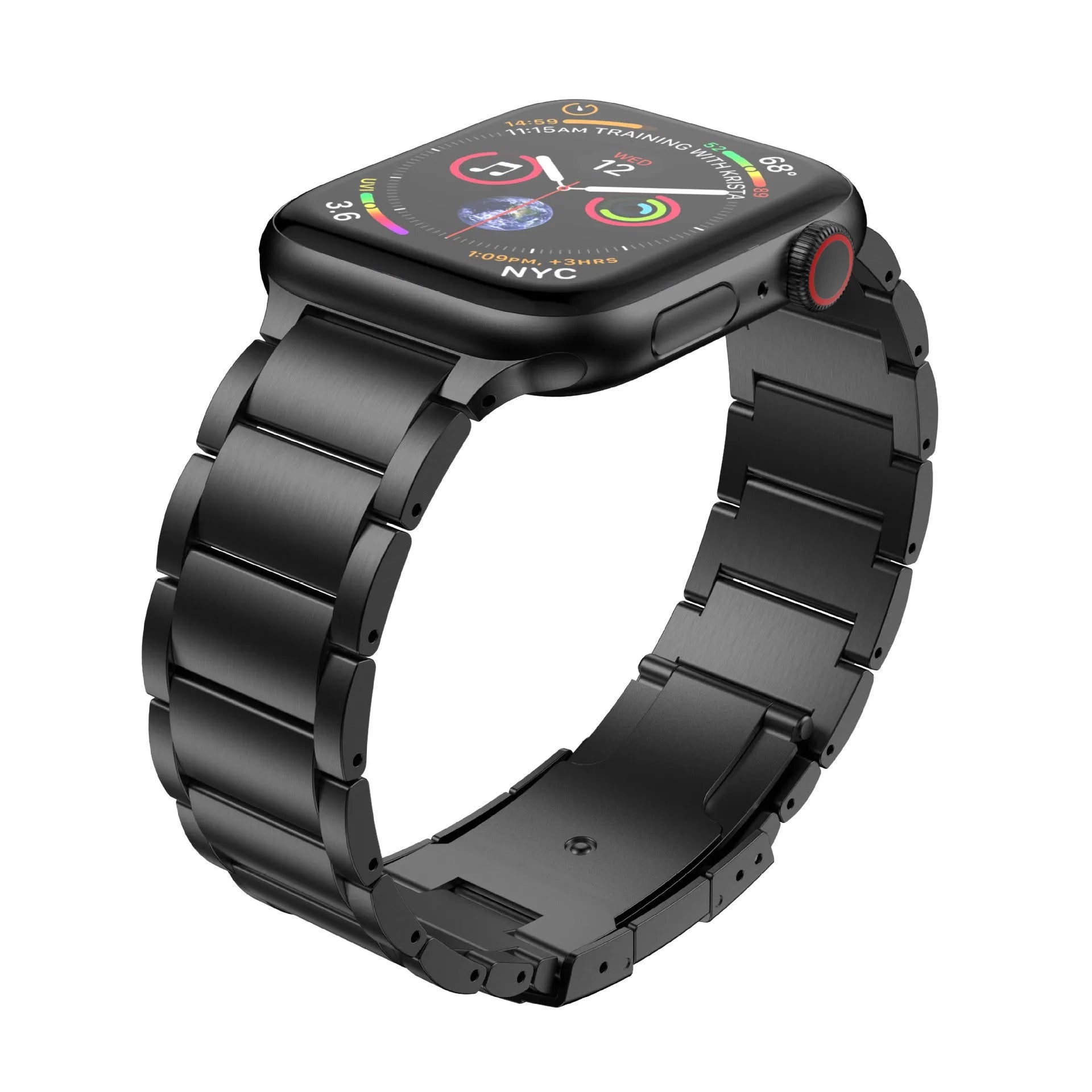 Titanium alloy Apple Watch strap with folding buckle in black and silver colours