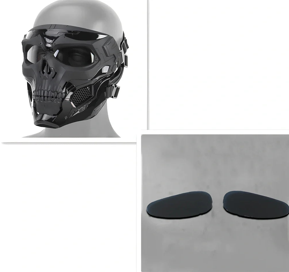 Black skull horror helmet mask 19x18cm with transparent PC goggles and adjustable bands for airsoft protection