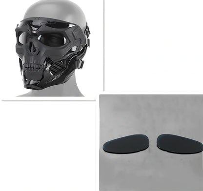 Black skull horror helmet mask 19x18cm with transparent PC goggles and adjustable bands for airsoft protection