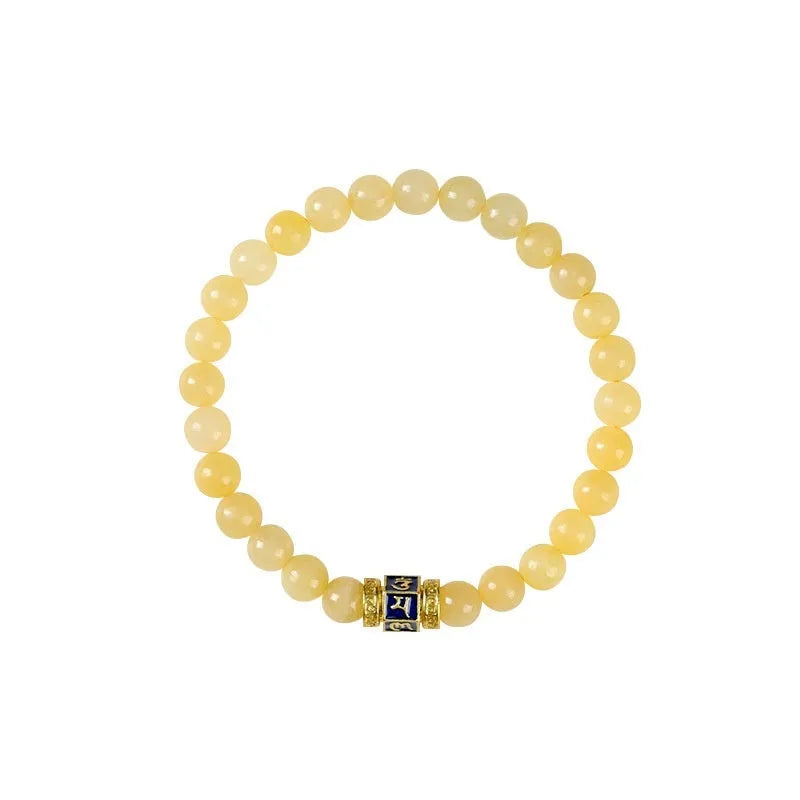 Topaz-coloured women's bracelet with six-word mantra barrel beads and sugar jade cubes in hand-woven design