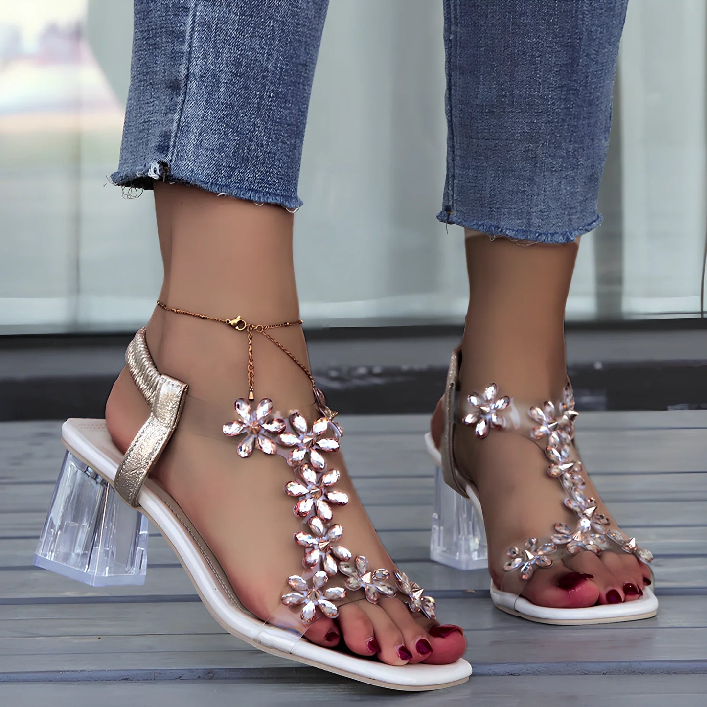 Women's fashion sandals with transparent square heels and decorative flowers, square toe design in black plum colour