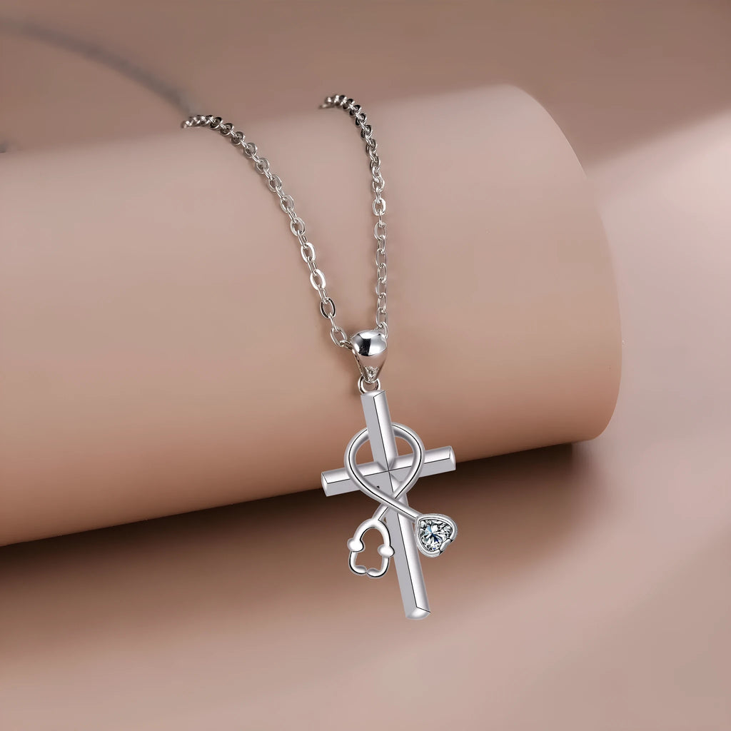 Women's copper necklace with stethoscope pendant and cross chain design
