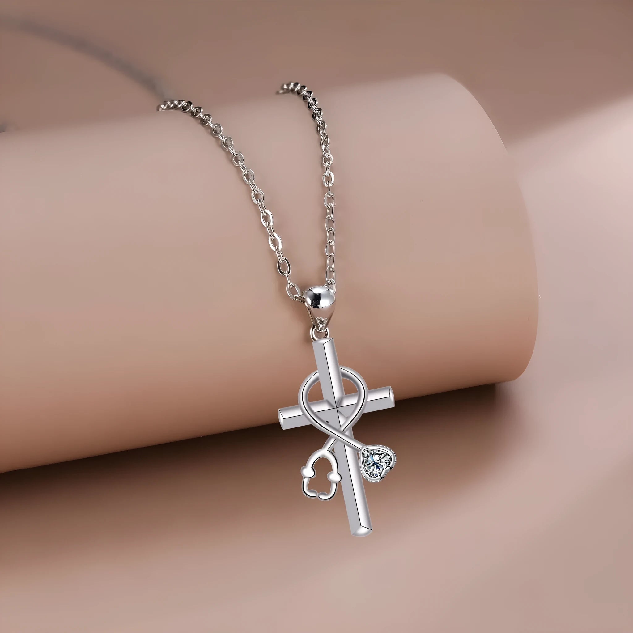 Women's copper necklace with stethoscope pendant and cross chain design