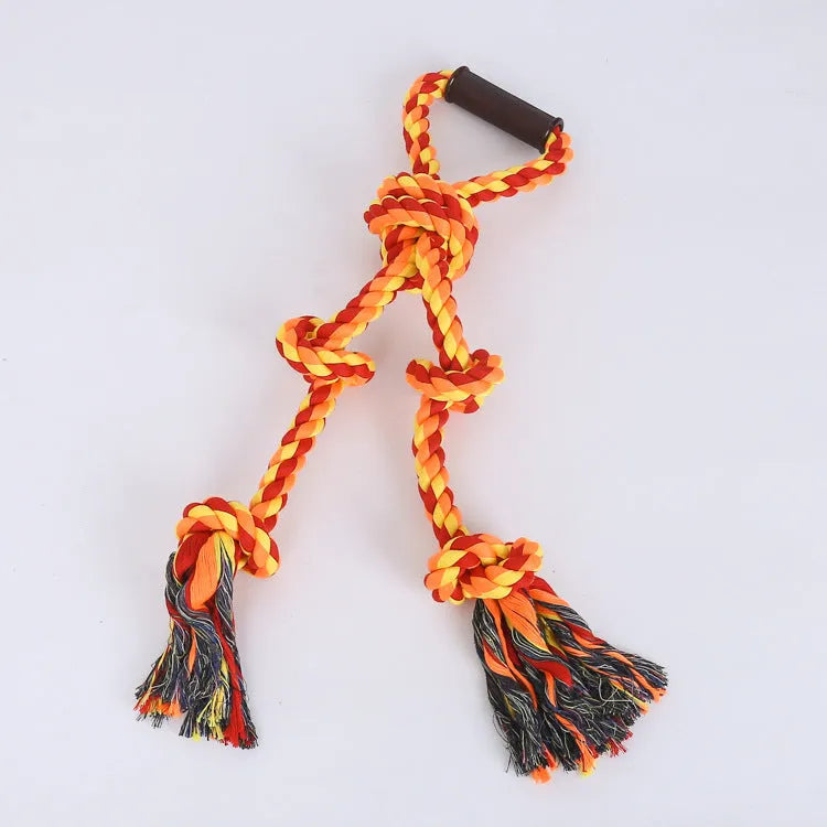Blue and yellow heavy-duty cotton dog rope toy with a sturdy handle for tug-of-war with large breeds.