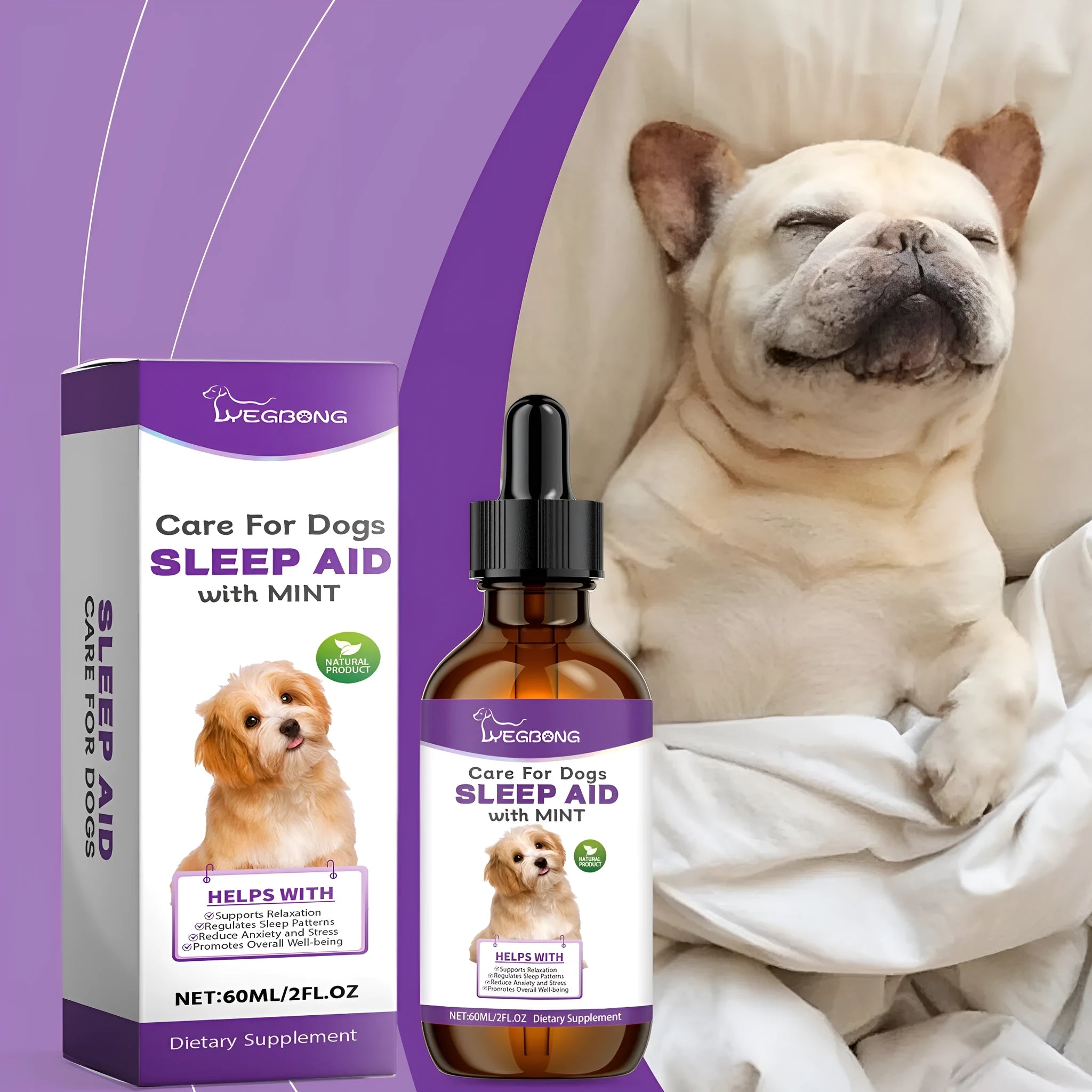 60ml Dog Sleep Drops bottle with dropper for pet nighttime calming
