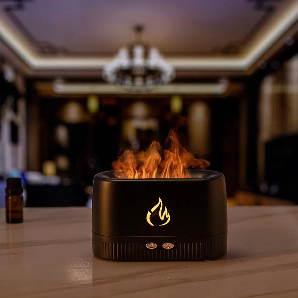 Simulated flame aromatherapy humidifier in Black with 200ml tank, ABS construction, and USB power