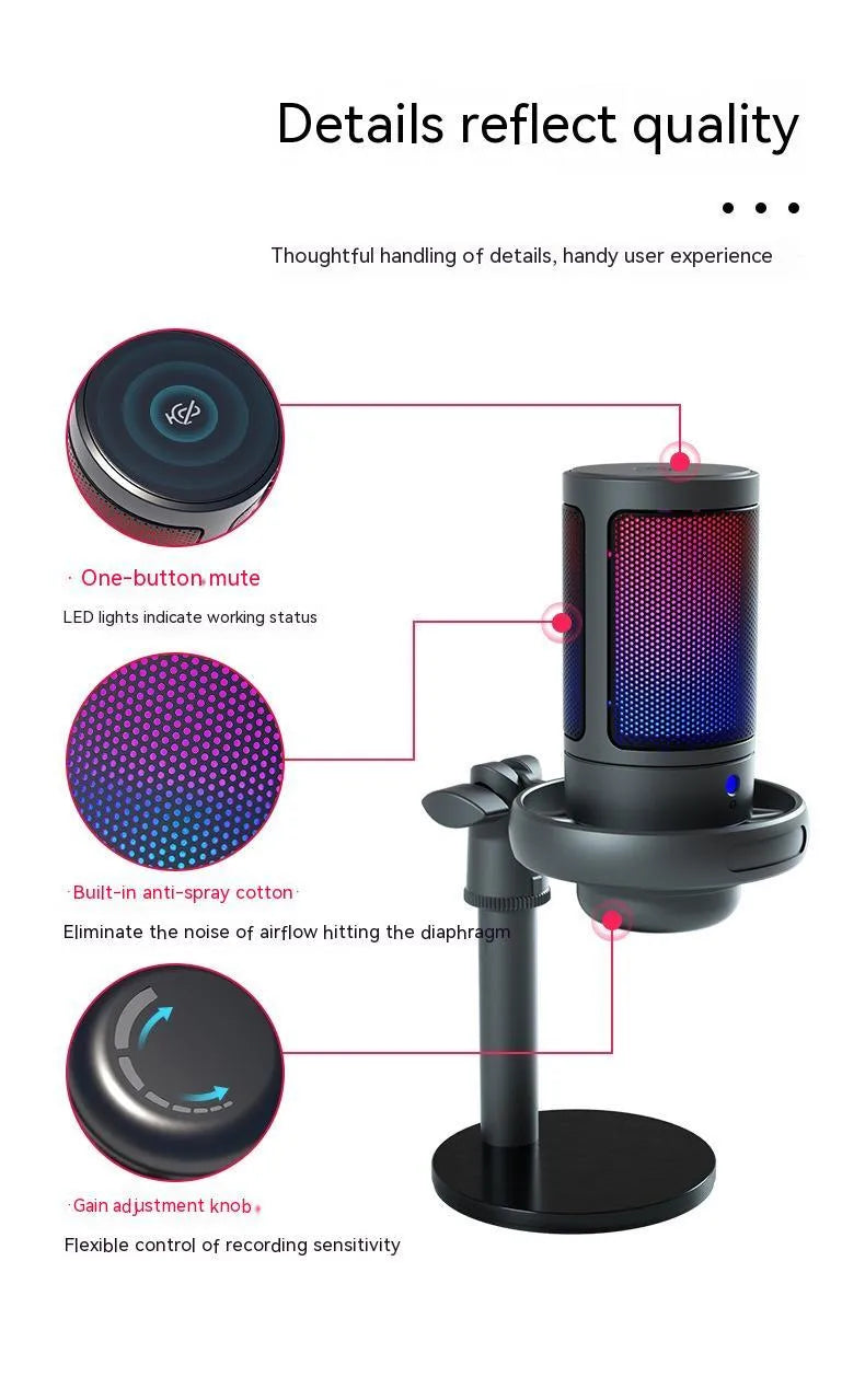 Condenser microphone with RGB lighting in black, white or pink for computer recording and live broadcast