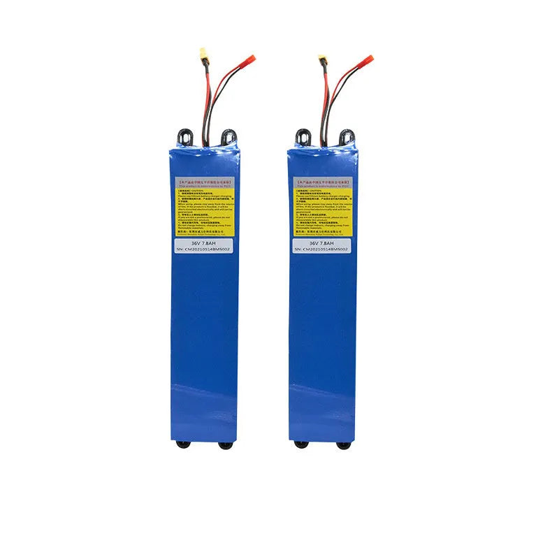 Black 36V lithium-ion electric scooter battery pack showing three capacity options: 6.6Ah, 7.8Ah, and 10.4Ah.