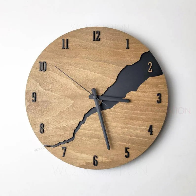 Modern simple wooden wall clock with creative crack design in colour option A.