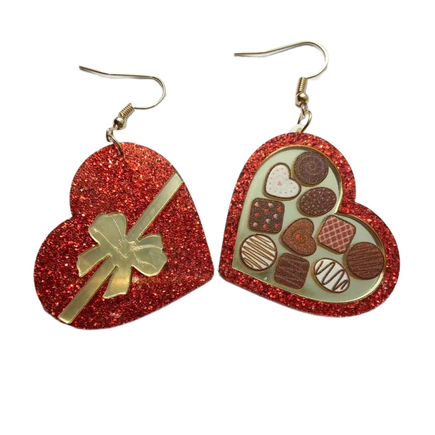 Romantic red heart-shaped acrylic drop earrings with various water pattern and sequin designs for women