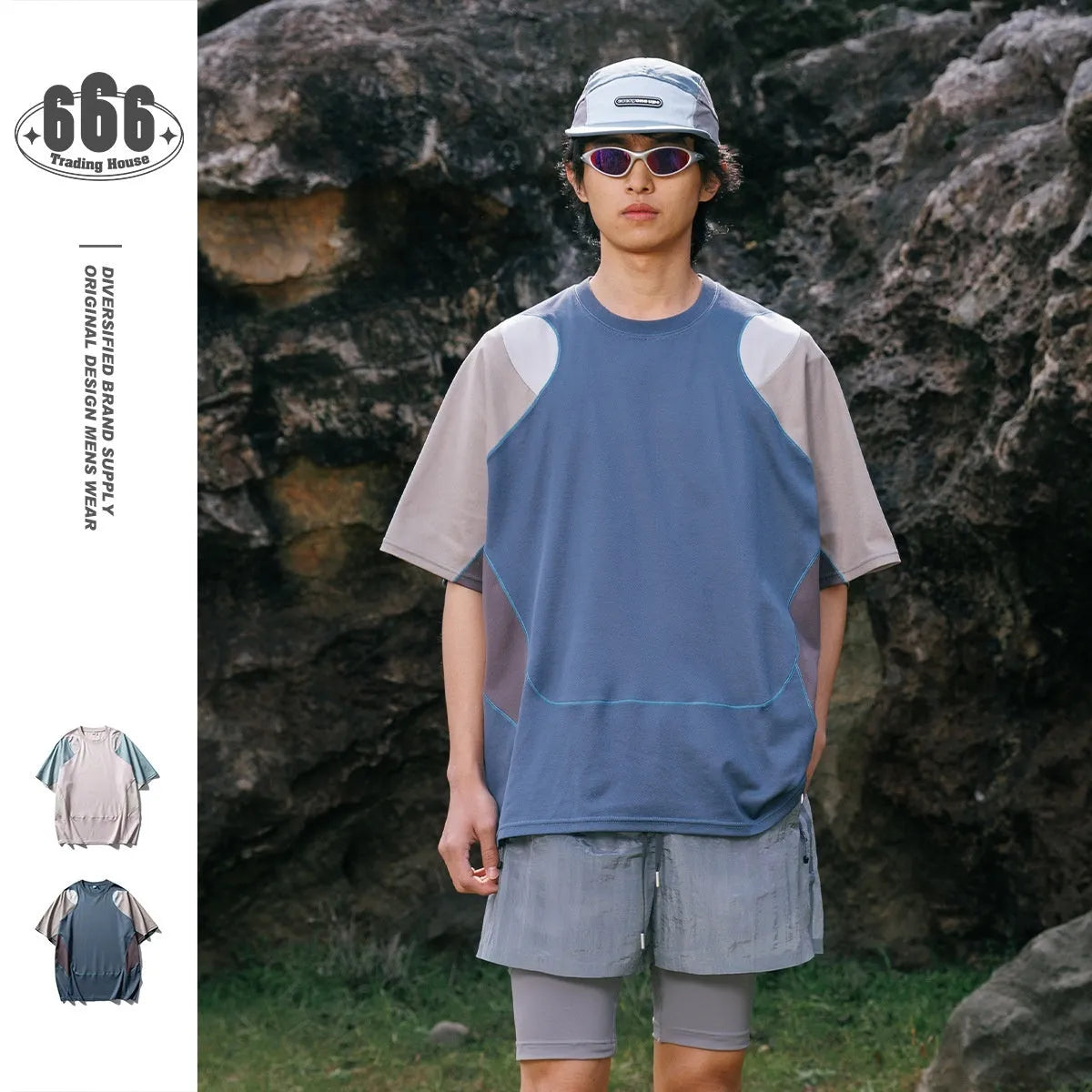 Men's loose patchwork contrast sports T-shirt in cotton blend, shown in blue colour option.